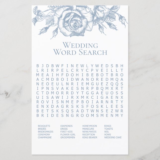 Dusty Blue Elegant Floral Wedding Word Search (Front)