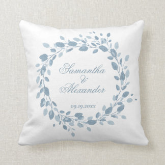 Dusty Blue Elegant Floral Wreath Wedding Script Throw Pillow