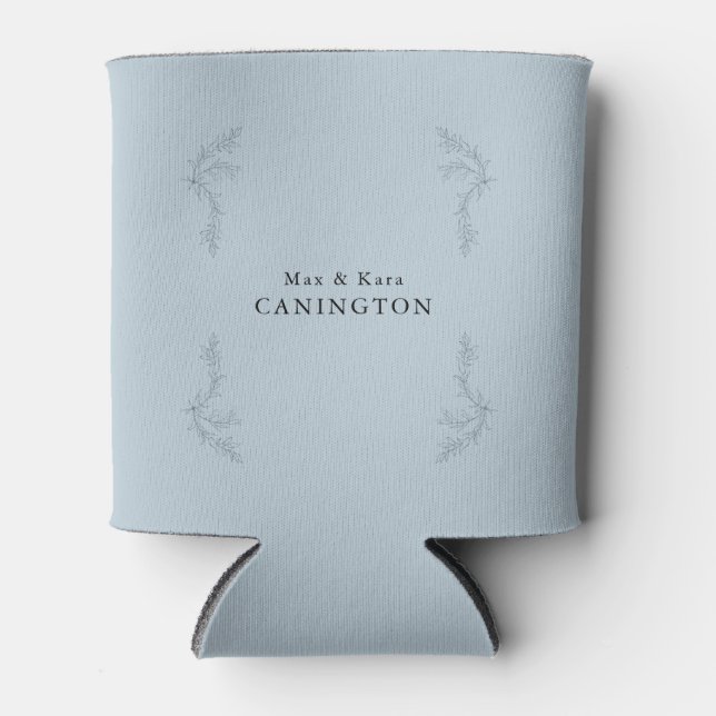 Dusty Blue Elegant Foliage Wedding Custom Name Can Can Cooler (Front)