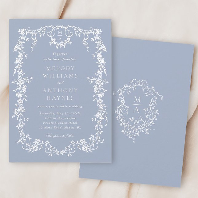 Dusty Blue Elegant French Floral Wedding           Invitation (Front & Back)