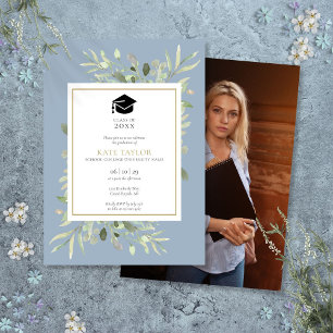 Dusty Blue Elegant Greenery Photo Graduation Party Invitation