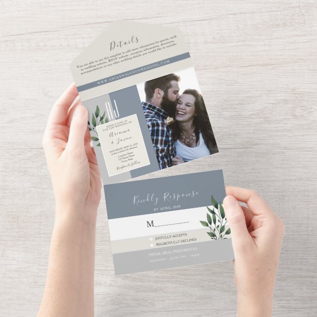 Dusty Blue Elegant Greenery Wedding All In One Invitation (Tearaway)