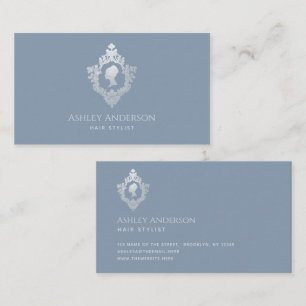 Dusty Blue Elegant Lady Vintage Crest Faux Silver Business Card