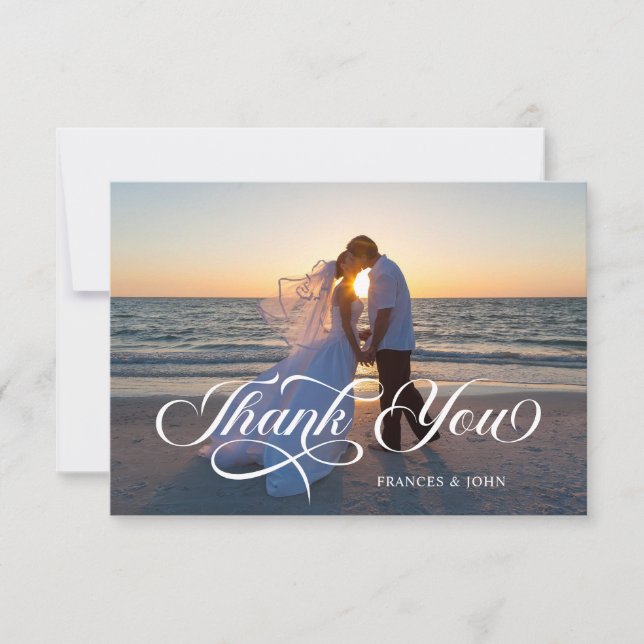 Dusty Blue Elegant Lettering Wedding Photo Thank You Card (Front)