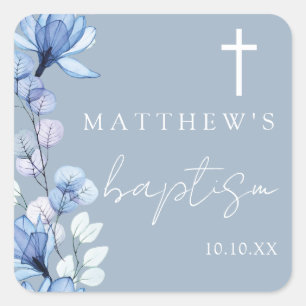 Dusty Blue Elegant Modern Floral Baptism Square Sticker