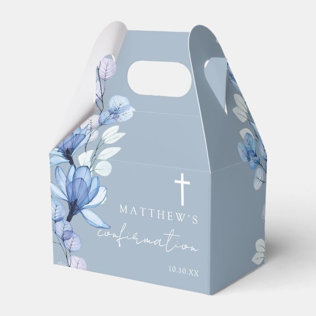 Dusty Blue Elegant Modern Floral Confirmation Favor Box (Front Side)