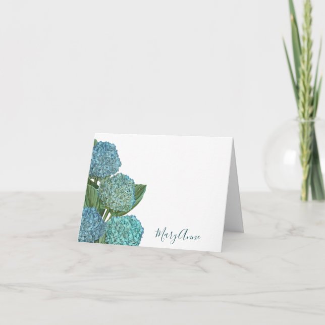 Dusty Blue Elegant Modern Hydrangea Floral Note Card (Front)