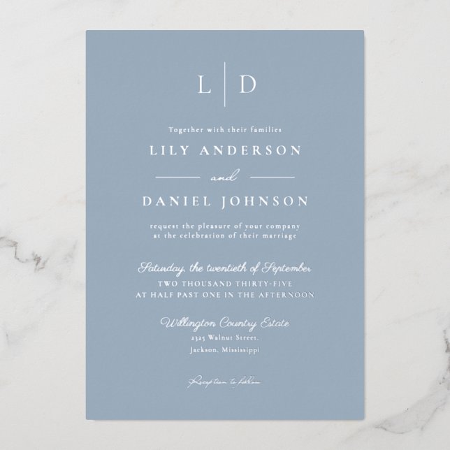 Dusty Blue Elegant Modern Monogram Wedding (Front)