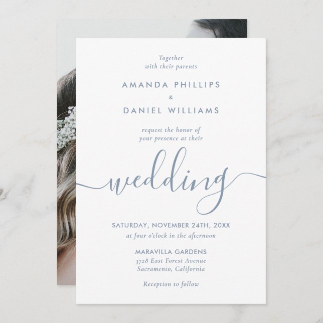 Dusty Blue Elegant Modern Script Photo Wedding Invitation (Front/Back)