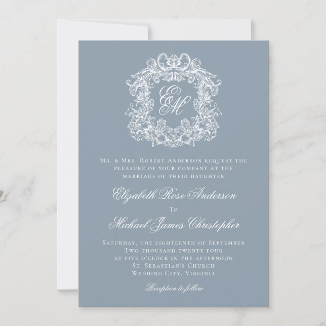 Dusty Blue Elegant Monogram Crest Wedding Invitation (Front)