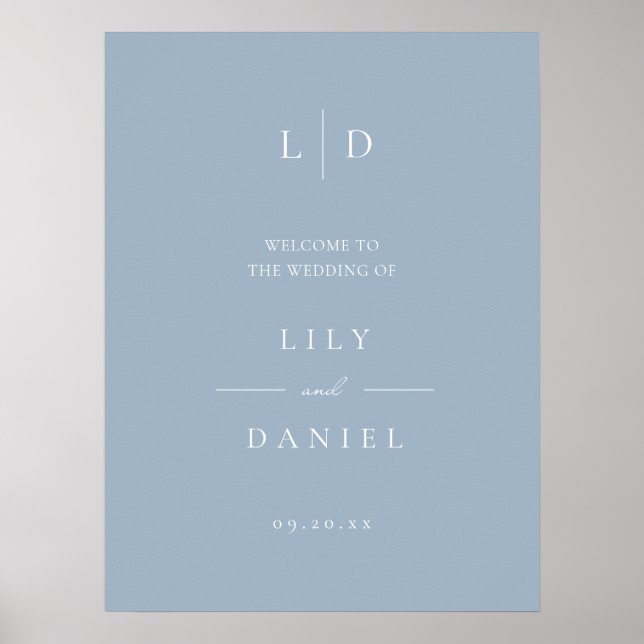 Dusty Blue Elegant Monogram Wedding Welcome Sign (Front)