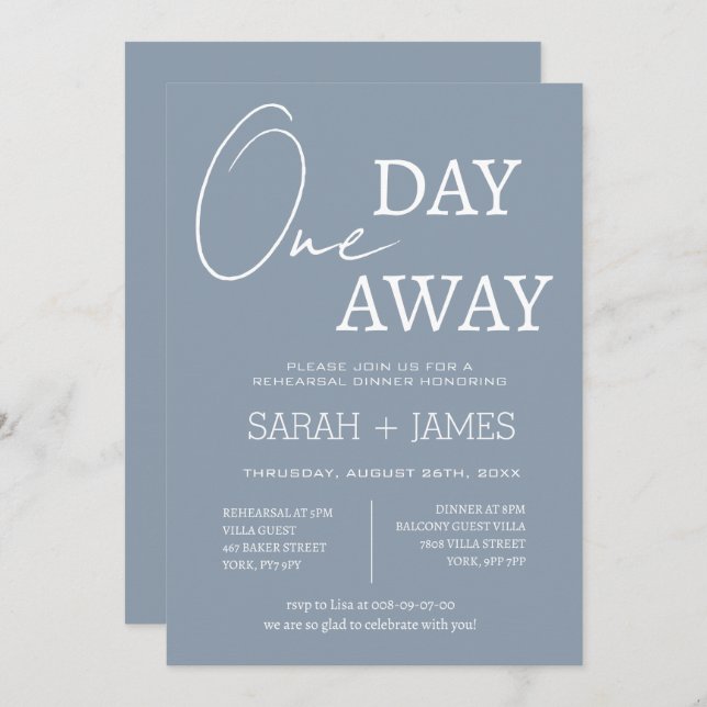 Dusty Blue Elegant One Day Away Rehearsal Dinner  Invitation (Front/Back)