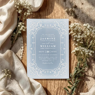 Dusty blue elegant ornate vintage qr code wedding invitation
