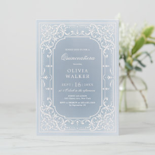 Dusty blue elegant ornate vintage quinceañera invitation