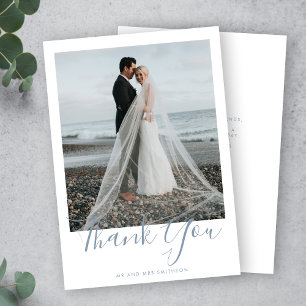 Dusty Blue Elegant Photo Mariage Carte de remercie