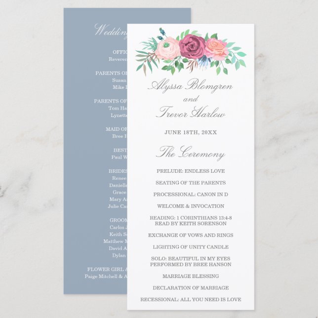 Dusty Blue Elegant Pink Floral Wedding Program (Front/Back)