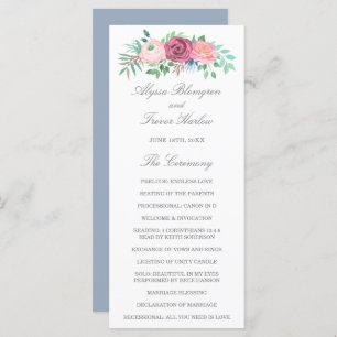 Dusty Blue Elegant Pink Floral Wedding Program