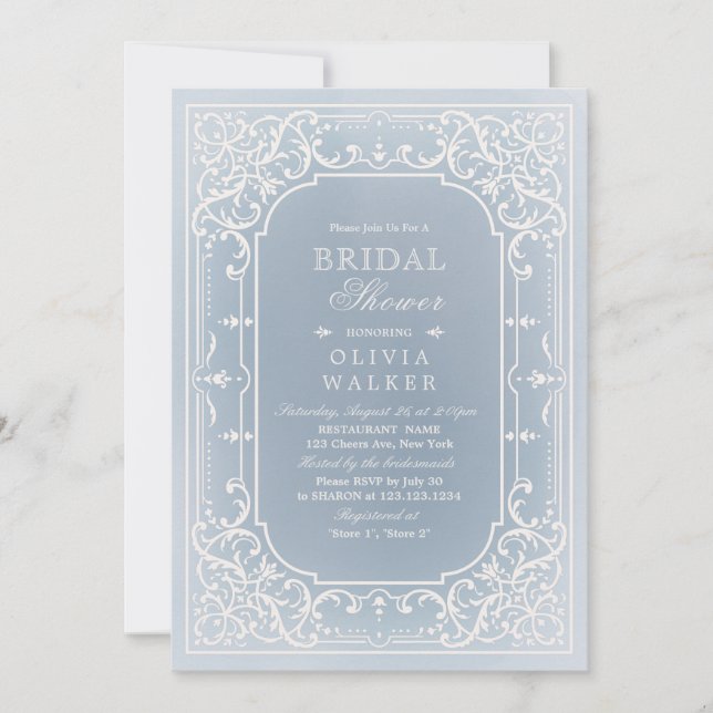 Dusty blue elegant romantic vintage Bridal Shower Invitation (Front)