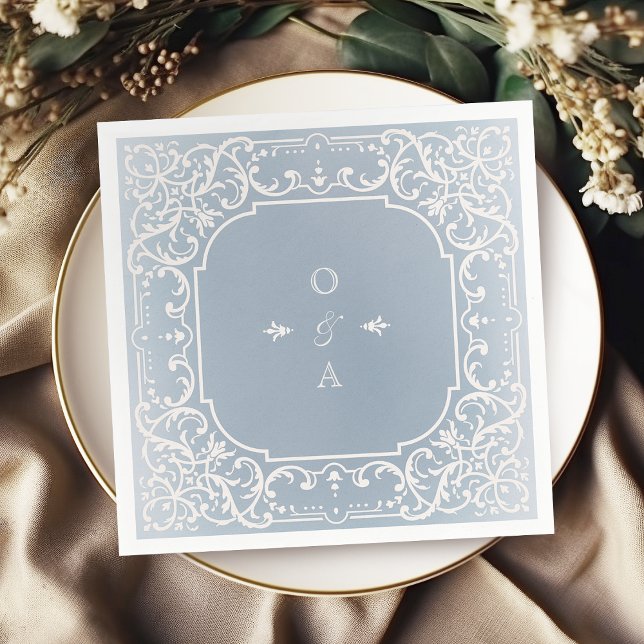 Dusty blue elegant romantic vintage monogram napkin (Dusty blue elegant romantic vintage monogram napkins)