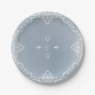 Dusty blue elegant romantic vintage wedding paper plate