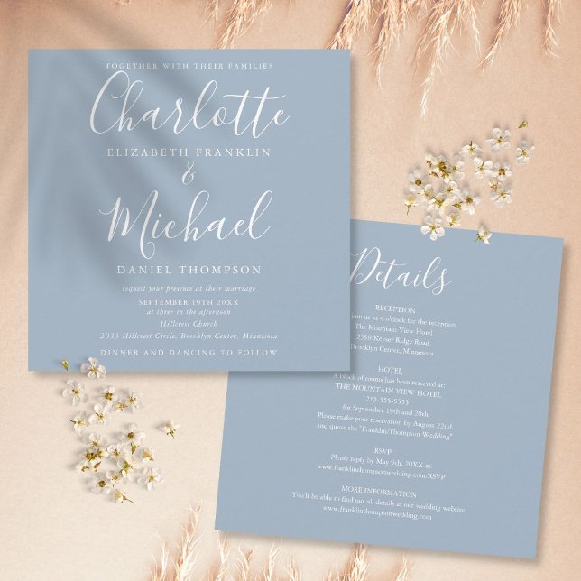 Dusty Blue Elegant Script All In One Wedding Invitation (Creator Uploaded)