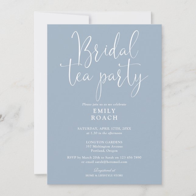 Dusty Blue Elegant Script Bridal Tea Party Shower Invitation (Front)