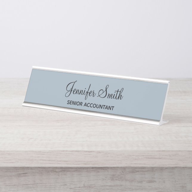 Dusty Blue Elegant Script Desk Name Plate (Front)