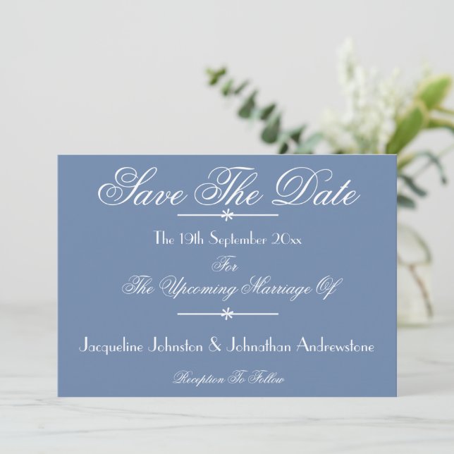 Dusty Blue Elegant Script Names Chic Save The Date Announcement (Standing Front)