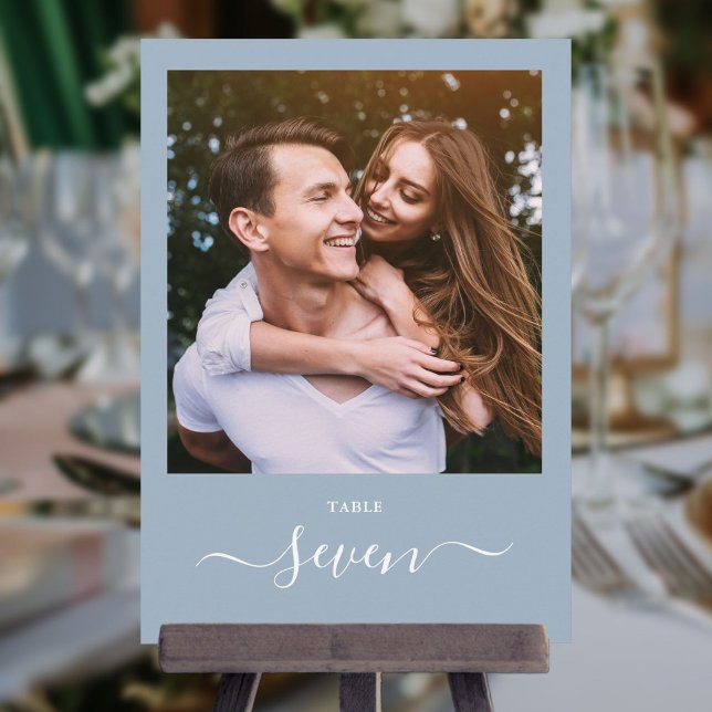 Dusty Blue Elegant Script Photo Table Number (Dusty Blue Elegant Script Photo Table Number)