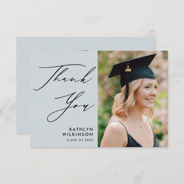 Dusty Blue Elegant Script Simple Photo Graduation Thank You Card (Front/Back)