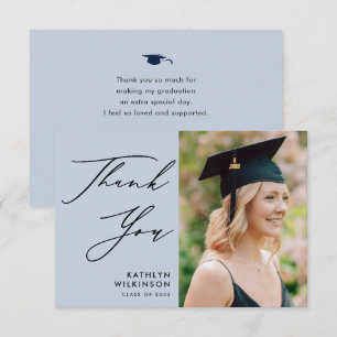 Dusty Blue Elegant Script Simple Photo Graduation Thank You Card