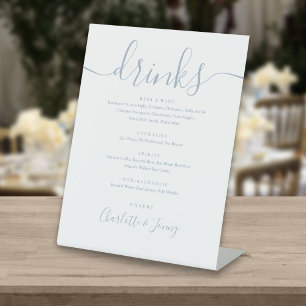 Dusty Blue Elegant Script Wedding Drinks Menu Pedestal Sign