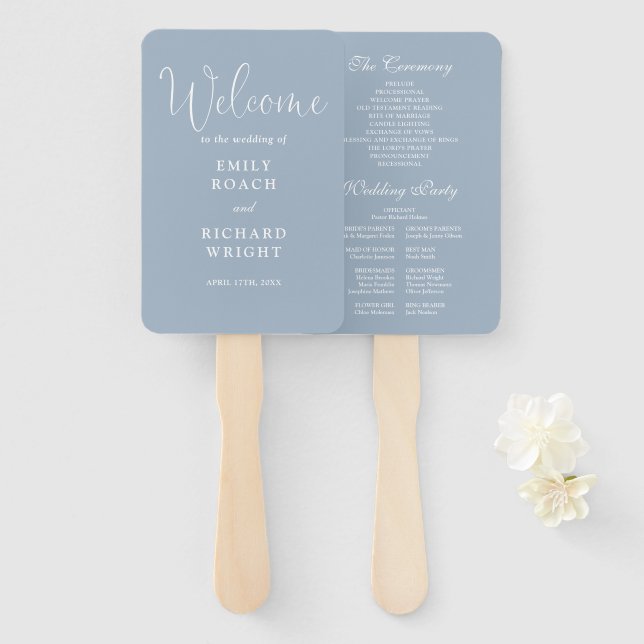 Dusty Blue Elegant Script Wedding Program Hand Fan (Front and Back)