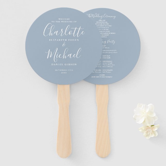 Dusty Blue Elegant Script Wedding Program Hand Fan (Front and Back)