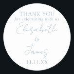 Dusty Blue Elegant Script Wedding Thank You Classic Round Sticker<br><div class="desc">This dusty blue minimalist elegant script wedding thank you sticker can be personalized with your information in chic typography. Designed by Thisisnotme©</div>