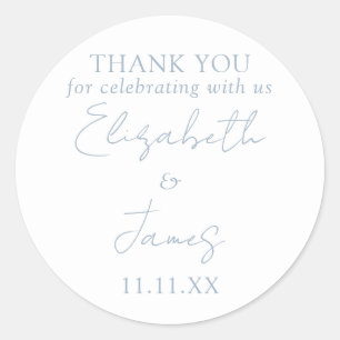 Dusty Blue Elegant Script Wedding Thank You Classic Round Sticker