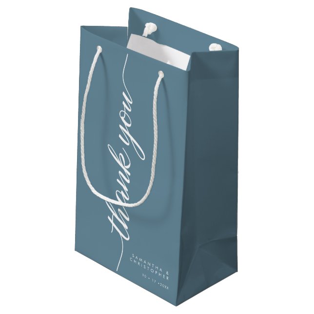 Dusty Blue Elegant Script Wedding Thank you  Small Gift Bag (Back Angled)