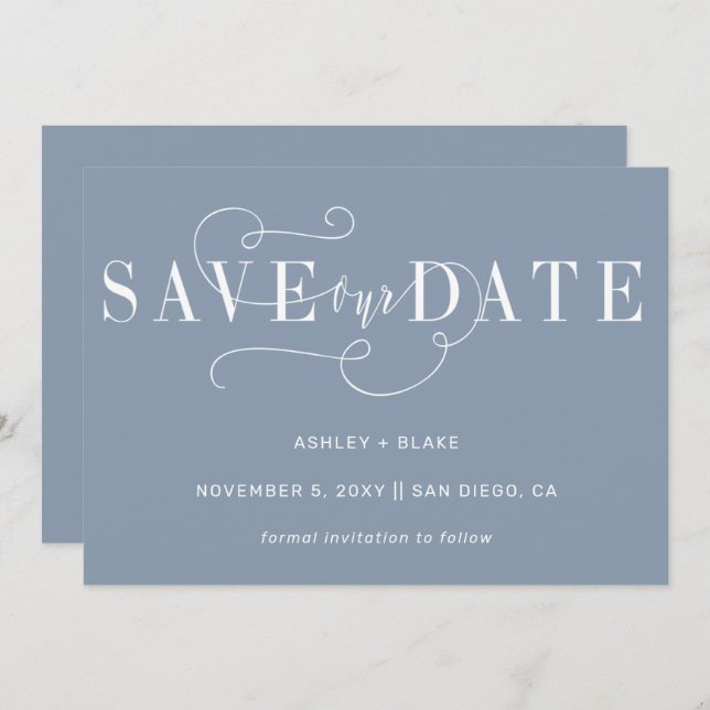 Dusty Blue Elegant Simple Handwritten Calligraphy Save The Date (Front/Back)