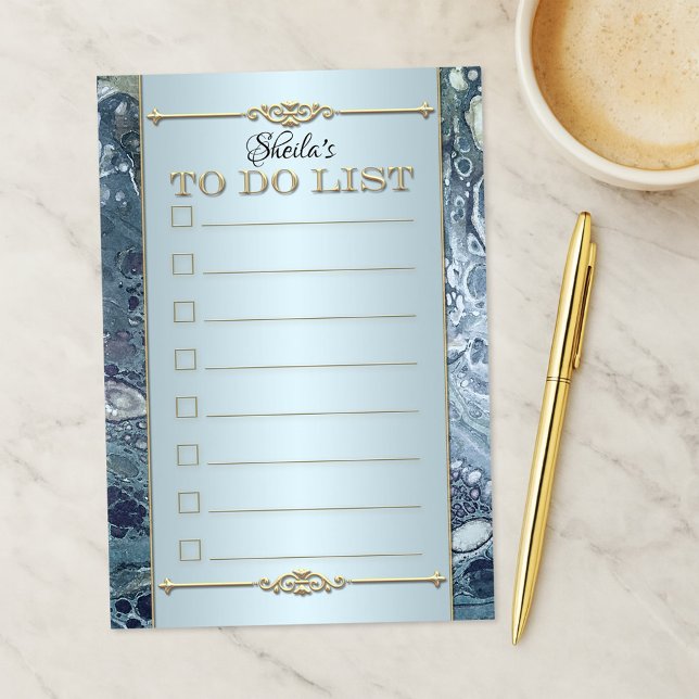 Dusty Blue Elegant To Do List Post It Notes (Elegant classic post it notes showing an artistic design in dusty blue and gold with retro ornament)