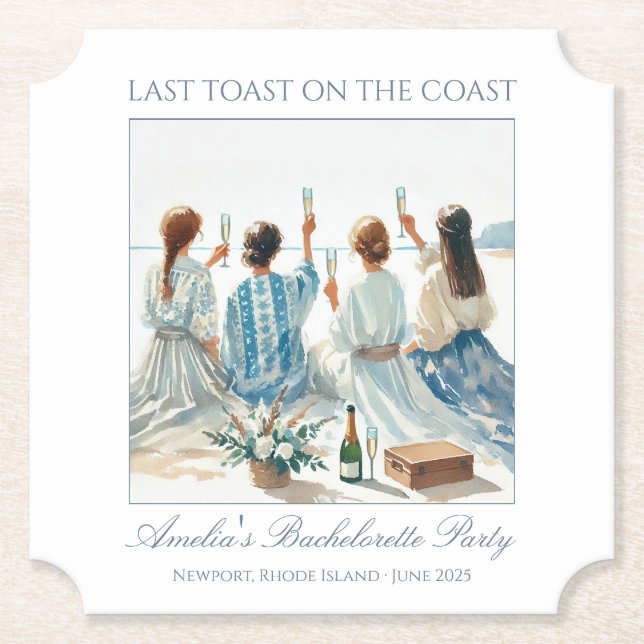 Dusty Blue Elegant Watercolor Coastal Last Toast Paper Coaster (Front)