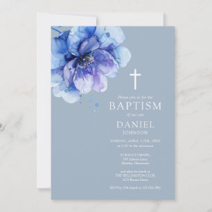 Dusty Blue Elegant Watercolor Floral Baptism Invitation