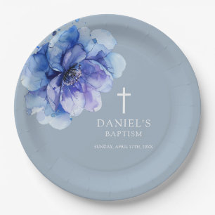 Dusty Blue Elegant Watercolor Floral Baptism Paper Paper Plate