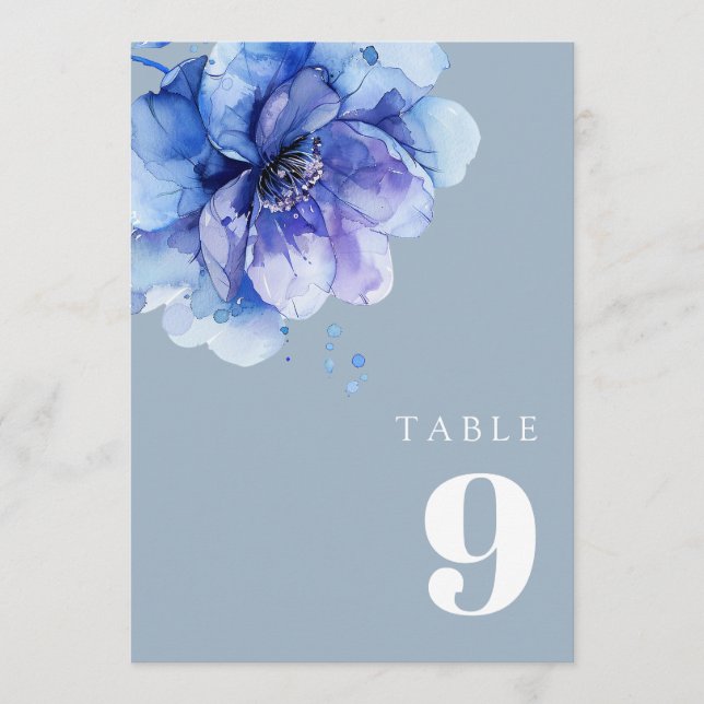 Dusty Blue Elegant Watercolor Floral Table Number (Front)