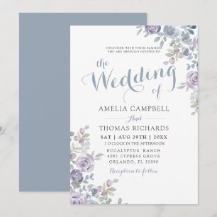 Dusty Blue Elegant Watercolor Floral Wedding Invitation