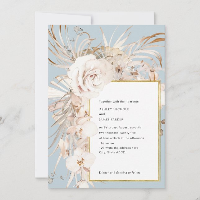 Dusty blue elegant watercolor garden flower  invitation (Front)