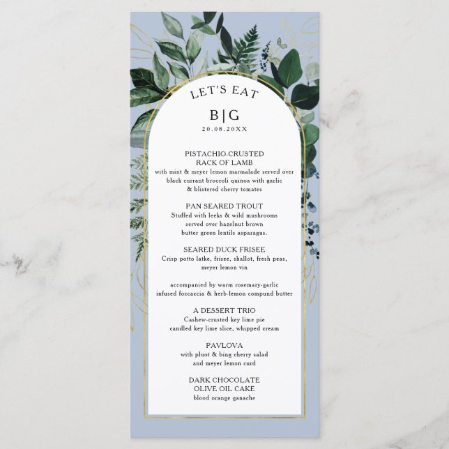 Dusty Blue elegant watercolor leave wedding dinner Menu (Front)
