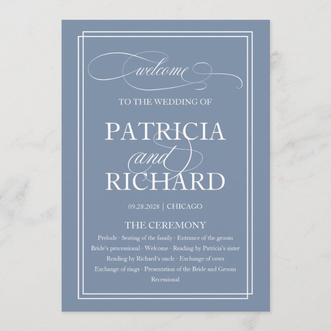 Dusty Blue Elegant Wedding Ceremony Program (Front)