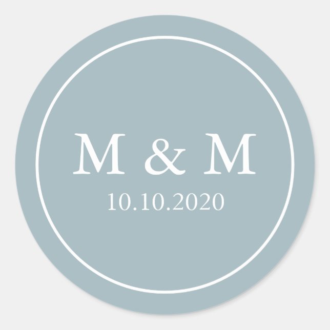 Dusty Blue Elegant  Wedding Classic Monogram Classic Round Sticker (Front)