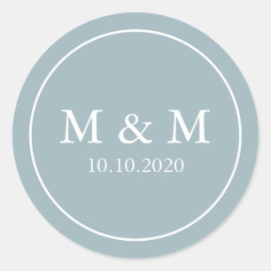 Dusty Blue Elegant  Wedding Classic Monogram Round Sticker