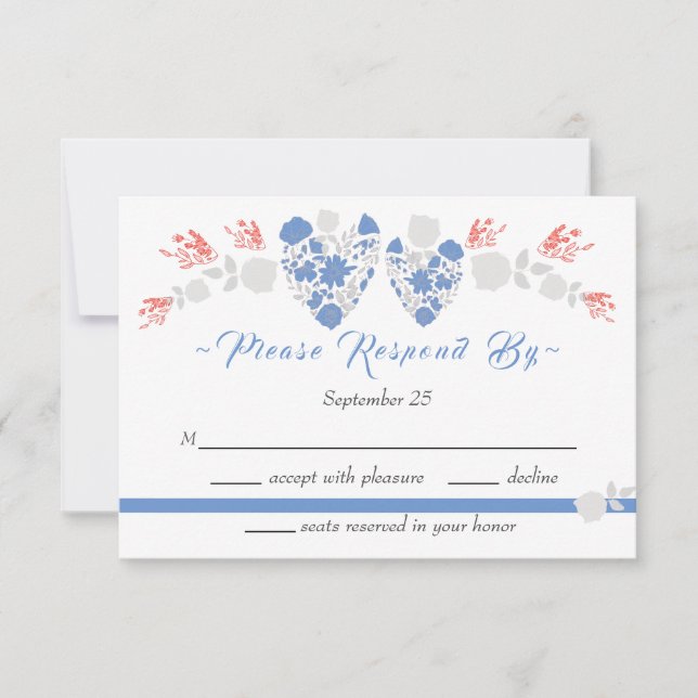 Dusty Blue Elegant White Grey Floral Heart Wedding Invitation (Front)